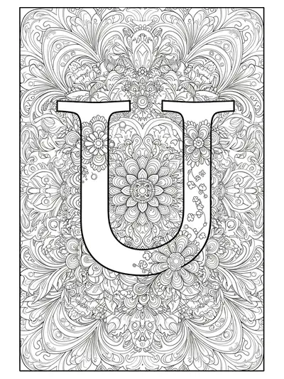 Intricate floral mandala surrounding and filling the letter U, ornate flowers and geometric patterns for challenging teen coloring.