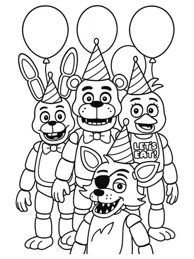 FNAF characters with party hats surrounded by big balloons, easy outlines for preschool coloring