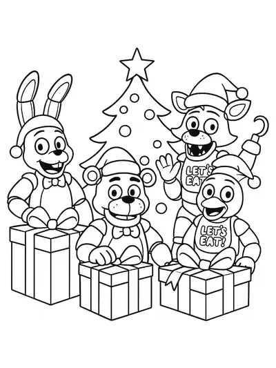 Simple FNAF characters in Santa hats with Christmas tree and gifts, easy lines for preschoolers