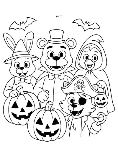 Simple FNAF characters in Halloween costumes with pumpkins and bats to color.