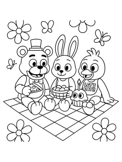 Easy FNAF characters sitting on a picnic blanket with flowers and butterflies, preschool level