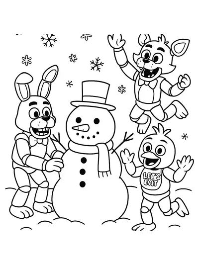 FNAF characters building a snowman with snowflakes falling around them.