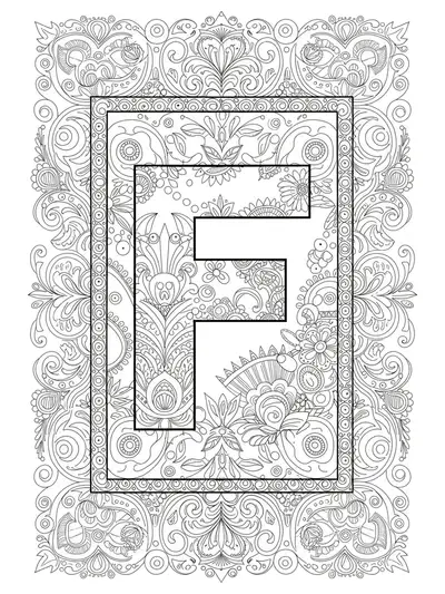 Letter F with detailed folk art motifs and symmetrical festive patterns.