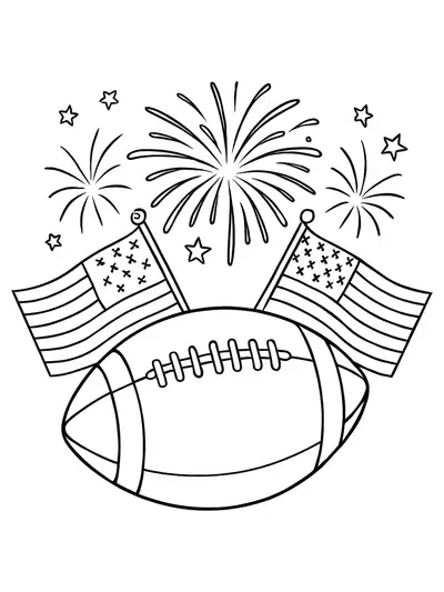 A football game with fireworks and American flags, designed with simple lines for easy coloring.