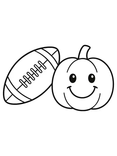 Football and pumpkin together in a simple fall-themed coloring page.