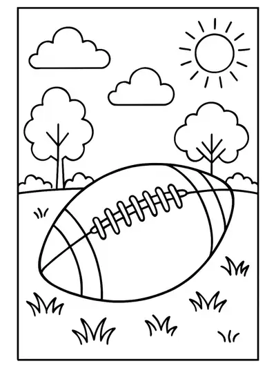 Easy coloring page of a football on grass in a park with simple lines.