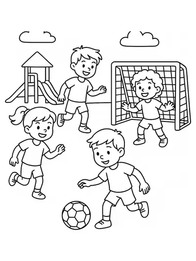 Children playing football on a playground, with simple outlines and large shapes, easy for kids to color.
