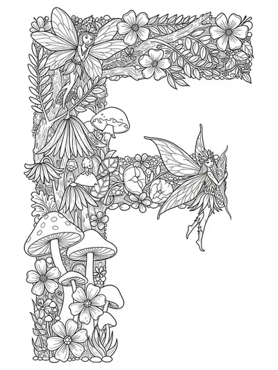 Letter F with intricate fairy wings, mushrooms, and woodland foliage.