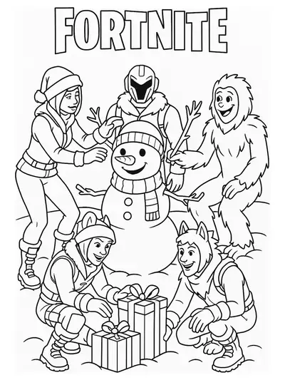Fortnite characters in winter clothing building a snowman with presents around, easy coloring page.