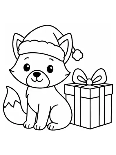 Outline drawing of a fox in a Santa hat next to a Christmas present, easy for preschool coloring.