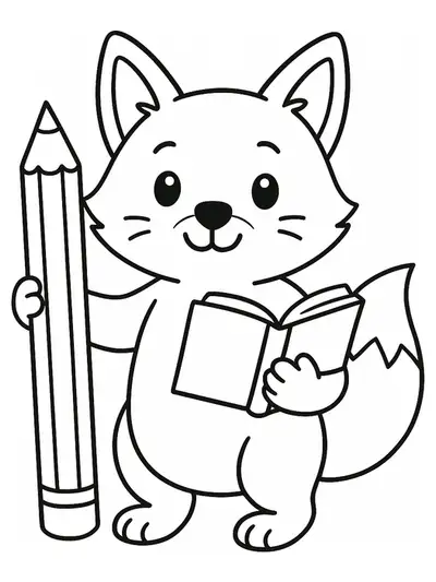 Simple drawing of a fox with a pencil and book, designed for preschool coloring.