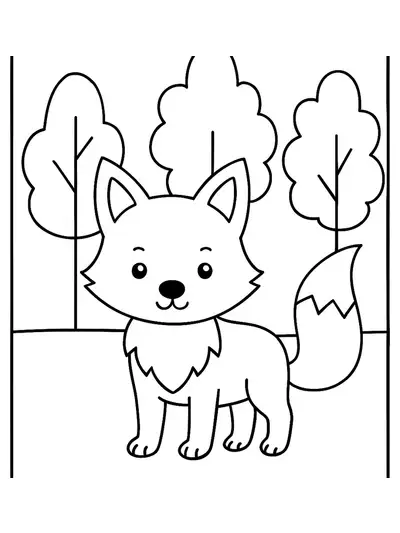 Simple line drawing of a fox standing in a forest with trees, for preschool coloring.