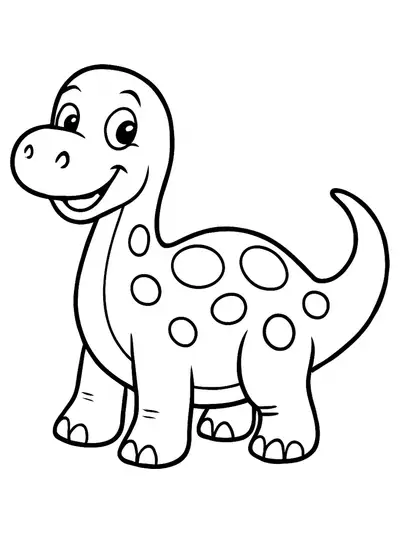 Simple cartoon dinosaur with a big smile and large spots, easy for preschool coloring.