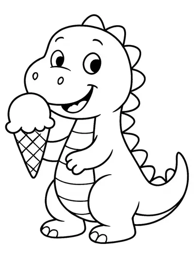 Easy line art of a friendly dinosaur holding a big ice cream cone, suitable for preschoolers.
