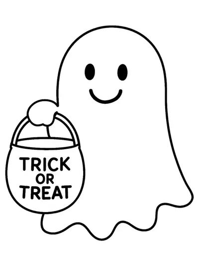 Simple line art of a smiling ghost holding a trick-or-treat bucket, easy for preschool coloring