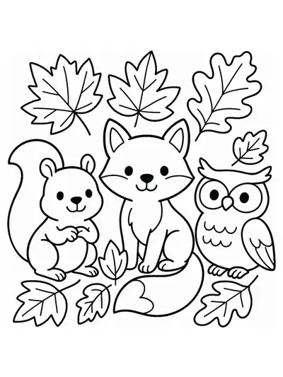 Cute woodland animals with large leaves for a simple fall coloring page.