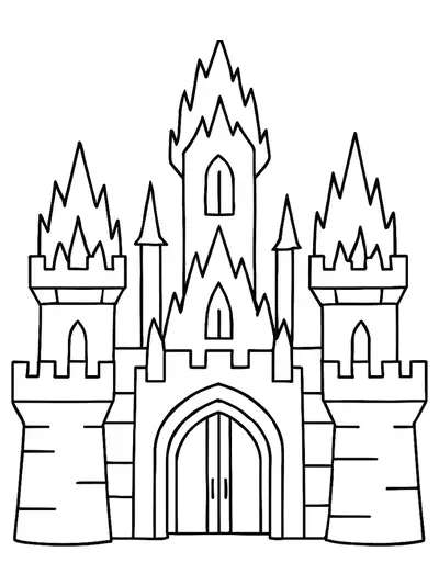 Simple ice castle with large walls and towers, easy for preschoolers to color.