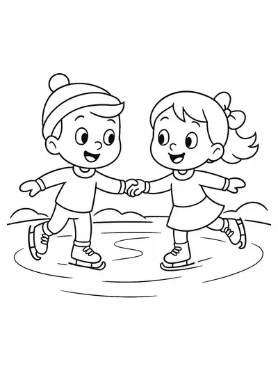 Two cartoon characters ice skating on a frozen pond, simple shapes for easy coloring.