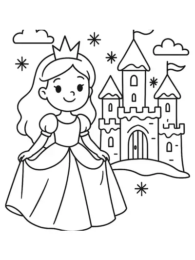 Frozen princess standing near a snow-covered castle, simple line drawing