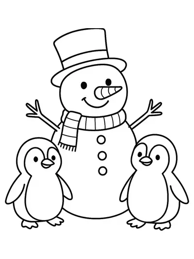 Easy winter coloring page with a snowman and two penguins, large areas to color for preschoolers.