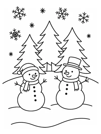 Frozen winter wonderland scene with snowmen, trees, and snowflakes in simple line art