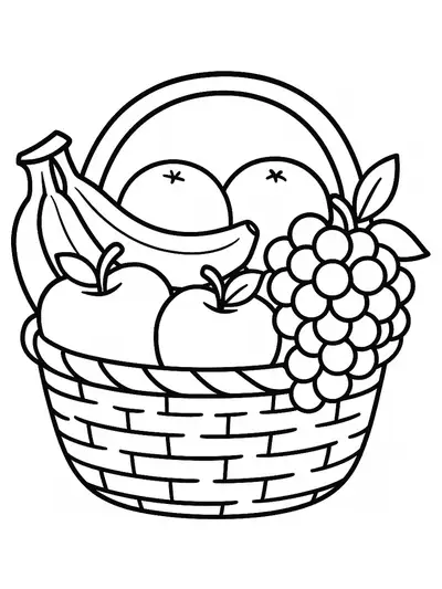 Simple fruit basket filled with apples, bananas, grapes, and oranges, easy for elementary kids to color.