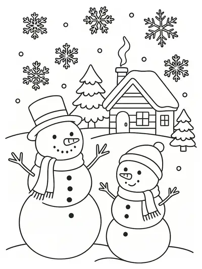 A winter scene with snowmen, snowflakes, and a small cabin, designed with simple outlines for easy coloring.