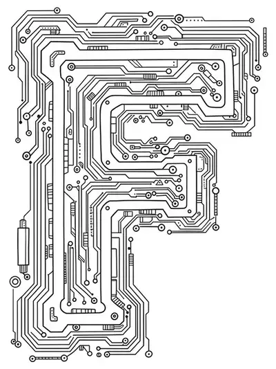 Letter F integrated with complex circuitry and electronic patterns.