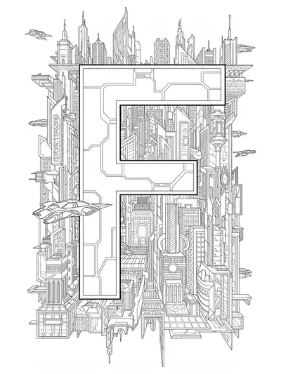Letter F surrounded by futuristic buildings and city elements in a complex pattern.