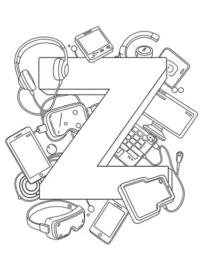Outline of the letter Z with simple futuristic gadgets like headphones, VR headset and smart devices around it