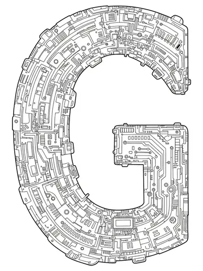 Highly detailed letter G filled with futuristic technology motifs, circuitry, and sci-fi patterns for adults.