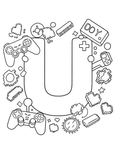 Letter U with joystick, pixel hearts, and power-ups for easy teen coloring.