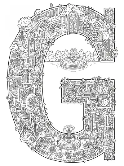 Highly detailed letter G forming part of an intricate garden labyrinth with hedge mazes and floral designs.