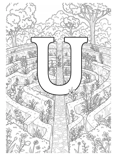 Letter U in the center of a garden maze with hedges, flowers, and winding paths for teen coloring.