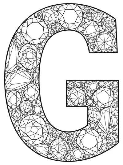 Letter G constructed from a mosaic of detailed gemstone shapes with intricate facets for adults.