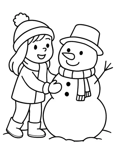 A simple line art of a girl putting a scarf on a snowman with snow falling around.