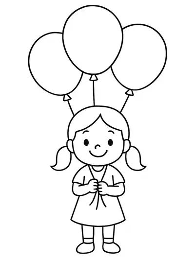 Easy coloring page of a smiling girl holding balloons at a birthday party, with large areas to color.