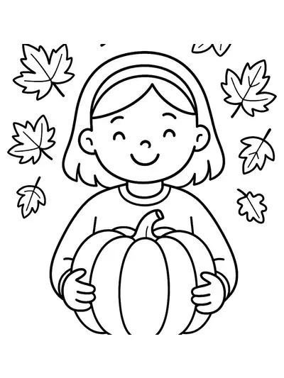 Coloring page of a girl holding a pumpkin with leaves around her, designed for preschoolers.