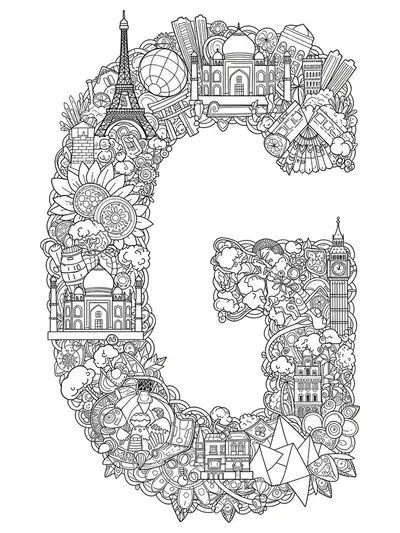 Intricate letter G with small, detailed illustrations of famous world landmarks for hard adult coloring.