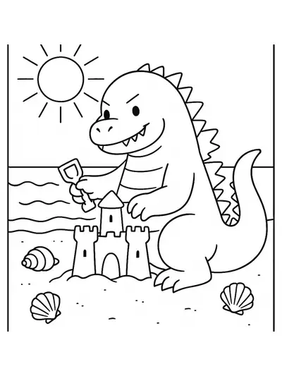 Preschool beach scene with Godzilla, sandcastle, sun, and seashells, easy outlines.