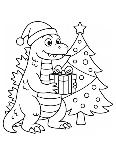 Godzilla with a Santa hat holding a present next to a decorated Christmas tree, easy coloring page for kids.