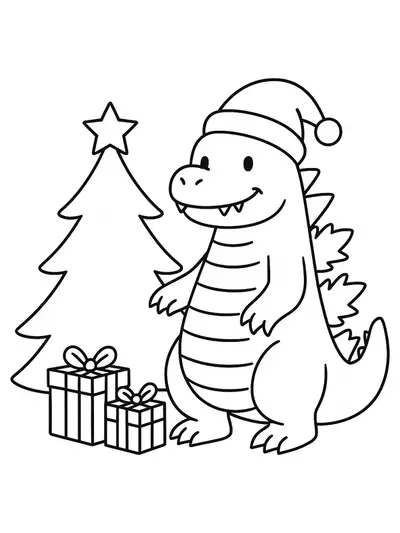 Easy Christmas coloring page with Godzilla in a Santa hat, Christmas tree, and presents.