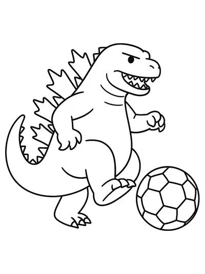 Godzilla playing soccer, kicking a large soccer ball, simple design for preschoolers.