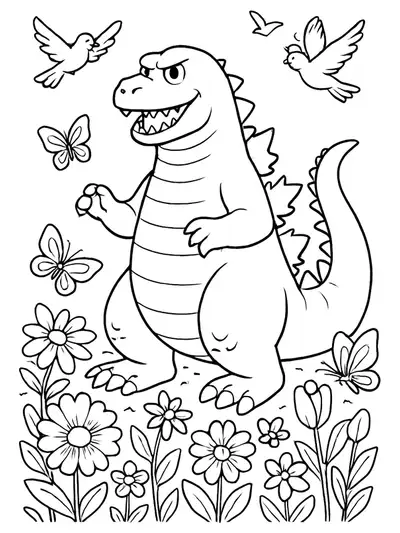 Godzilla in a flower garden with butterflies and birds, easy spring coloring page for kids.