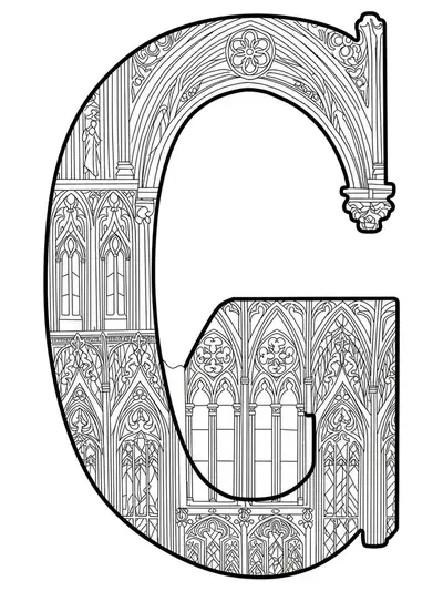 Intricate letter G filled with detailed Gothic architecture patterns and motifs for adults to color.