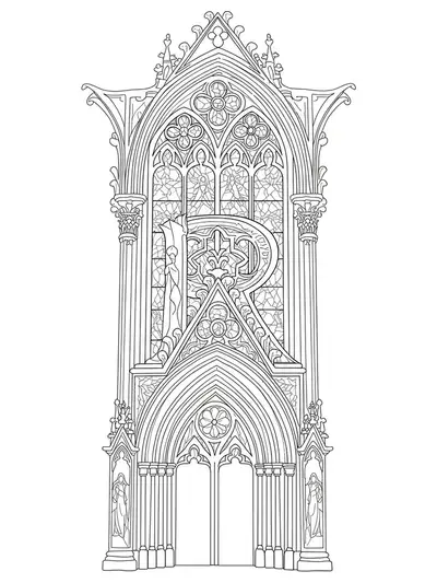 Letter R integrated into ornate gothic arches, stained glass, and stone carvings for a hard coloring page.