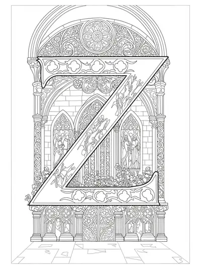 Ornate gothic architecture with arches and spires framing a letter Z, hard coloring page for teens.