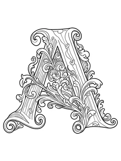 Gothic manuscript-style letter A with intricate flourishes and medieval patterns, hard adult coloring page.