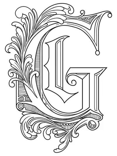 Ornate Gothic script letter G with elaborate flourishes and filigree for hard adult coloring.