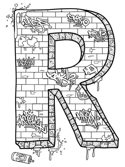 Letter R styled as graffiti with brick walls, tags, and spray paint effects for a complex teen coloring page.